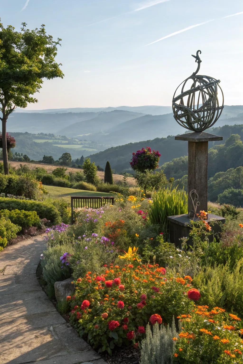 Hillside garden with an artistic metal sculpture