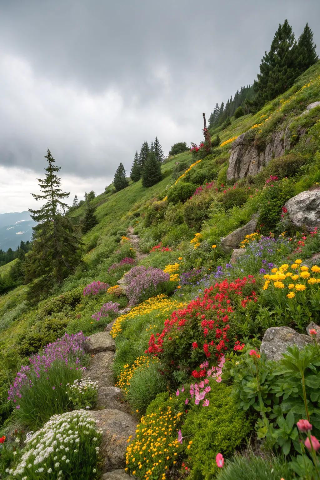 Hillside garden with a variety of alpine plants in bloom