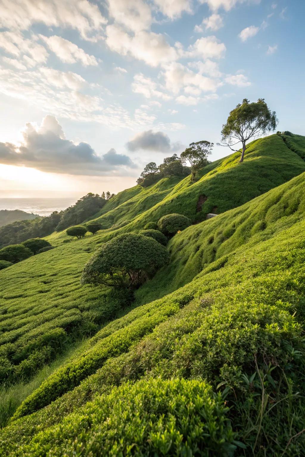 Hillside covered with lush green groundcovers