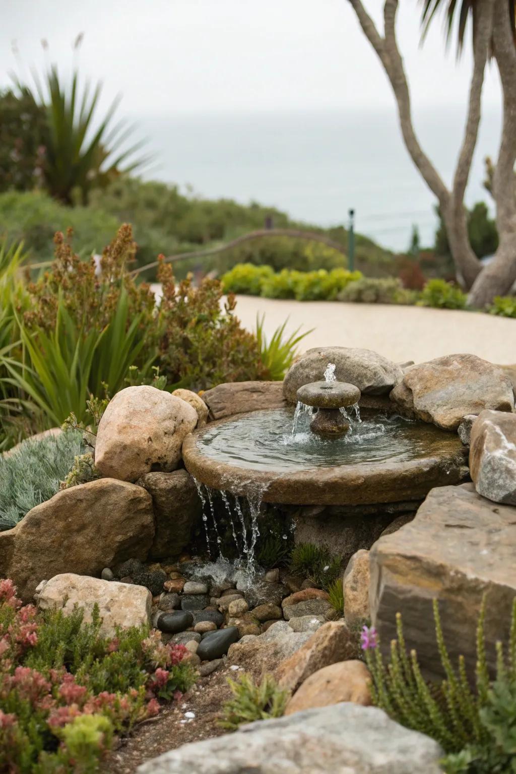 A water feature brings the soothing sounds of the ocean to your garden.
