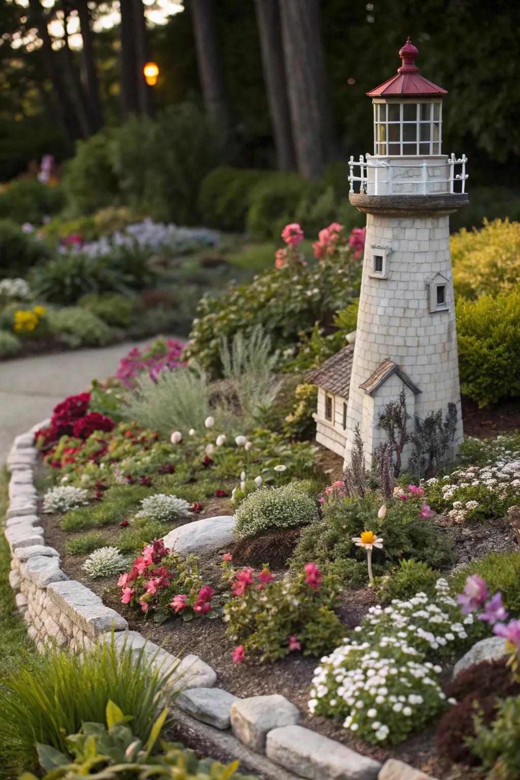 A lighthouse adds a guiding touch to your beach garden.