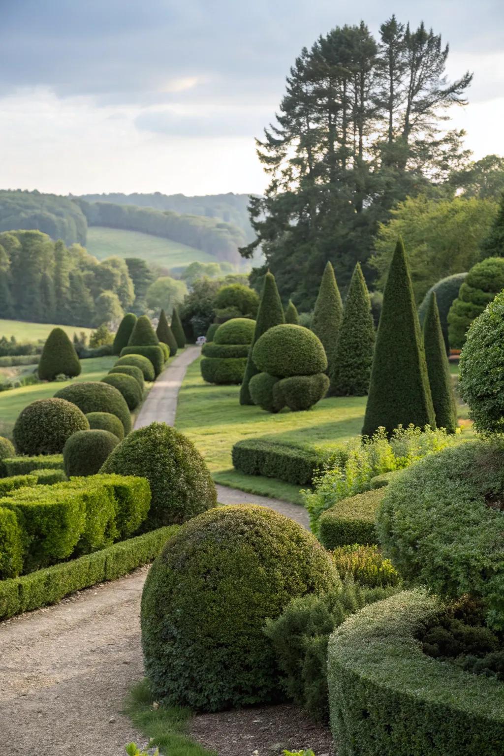 Cloud-pruned topiary offers soft shapes evoking tranquility.