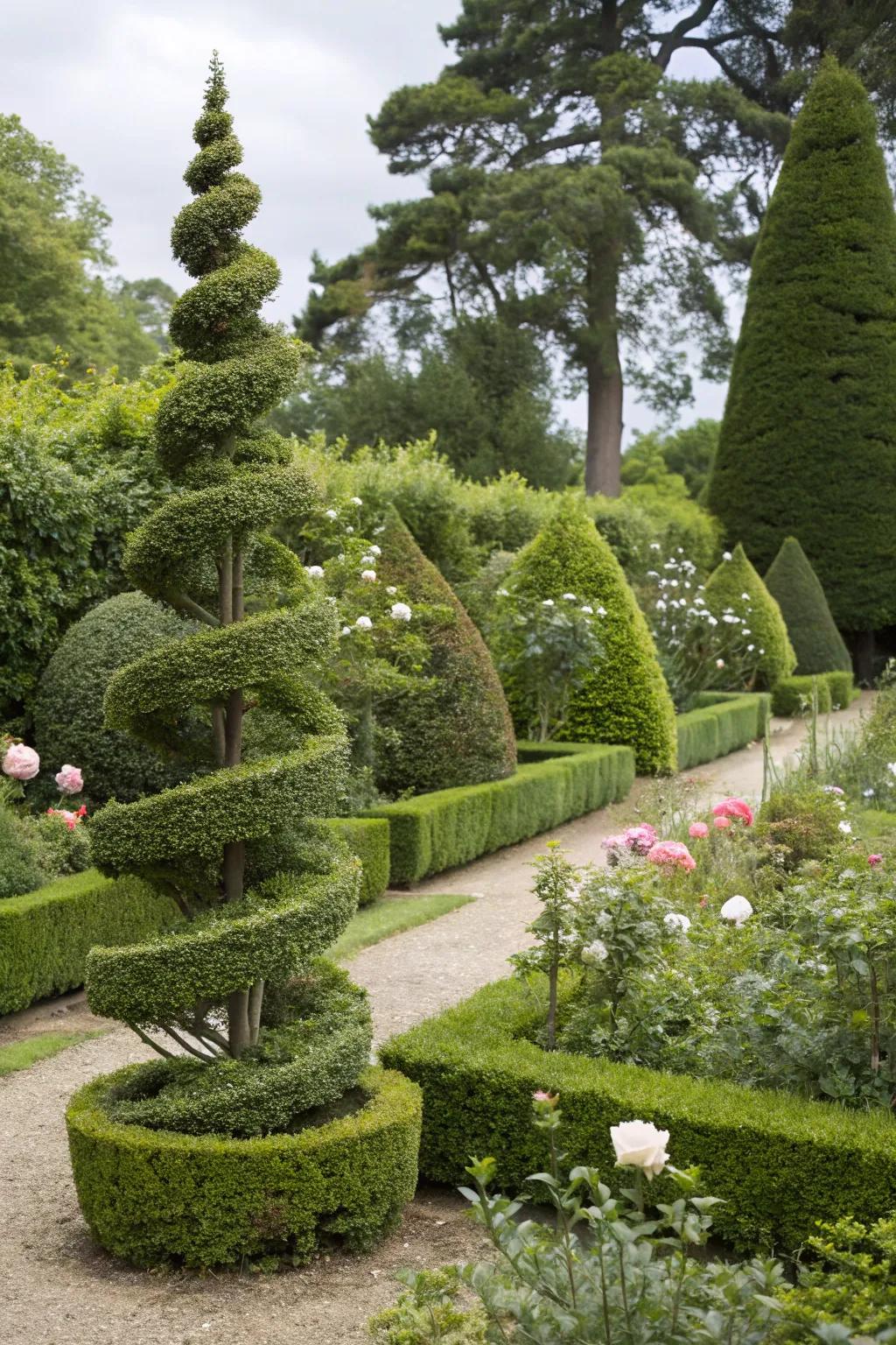 Whimsical spiral and cone topiary shapes elevate outdoor spaces.