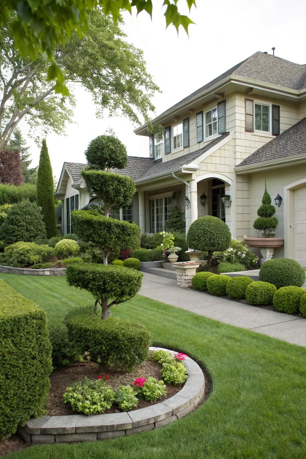 Topiary enhances curb appeal with structured greenery by homes.