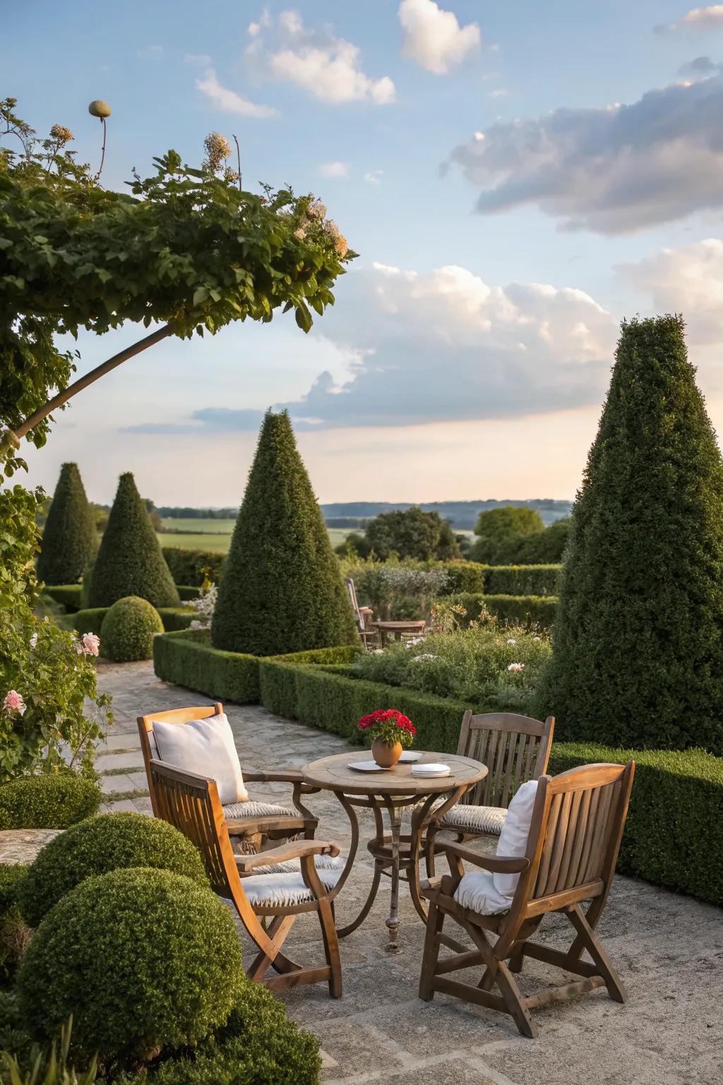 Topiary adds privacy and charm to outdoor seating.