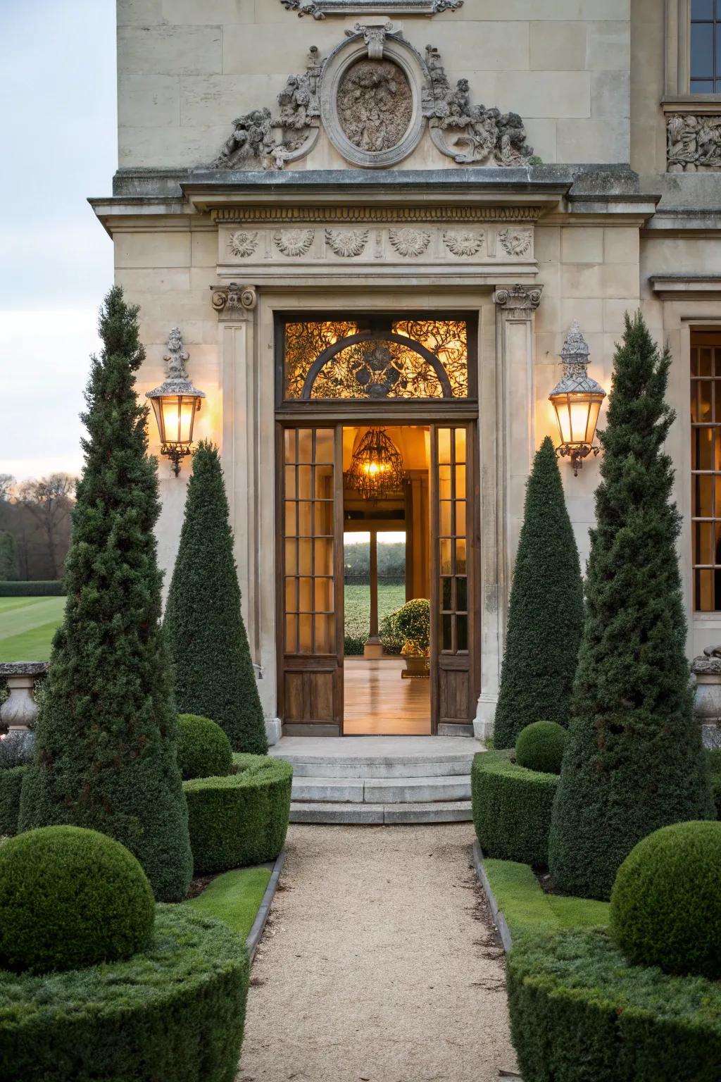 Topiary frames the entrance adding a dignified appeal.