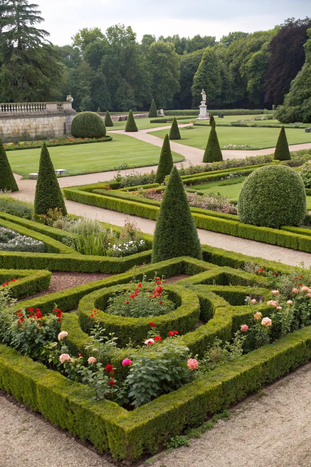 Balanced symmetrical topiary offers classic garden charm.