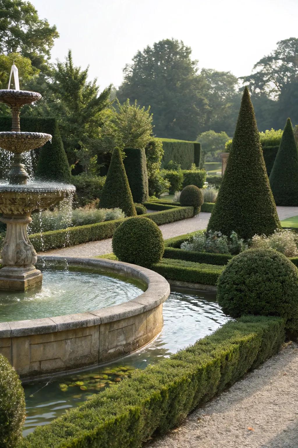 Topiary complements water features to amplify garden serenity.