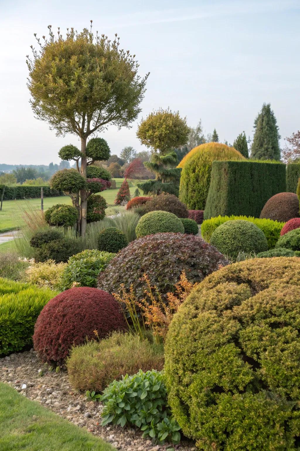 Vibrant varied foliage adds dynamic flair to topiary gardens.