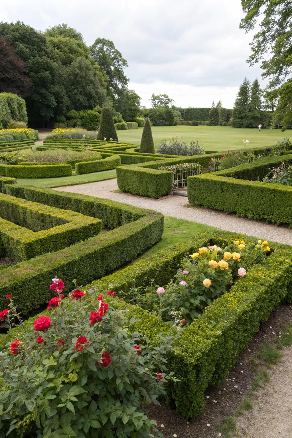 A garden maze crafted from topiary offers immersive fun and beauty.