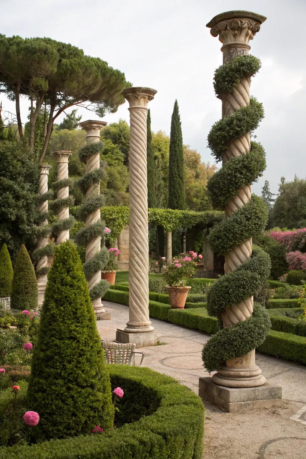 Vertical, towering topiary creates striking garden accents.