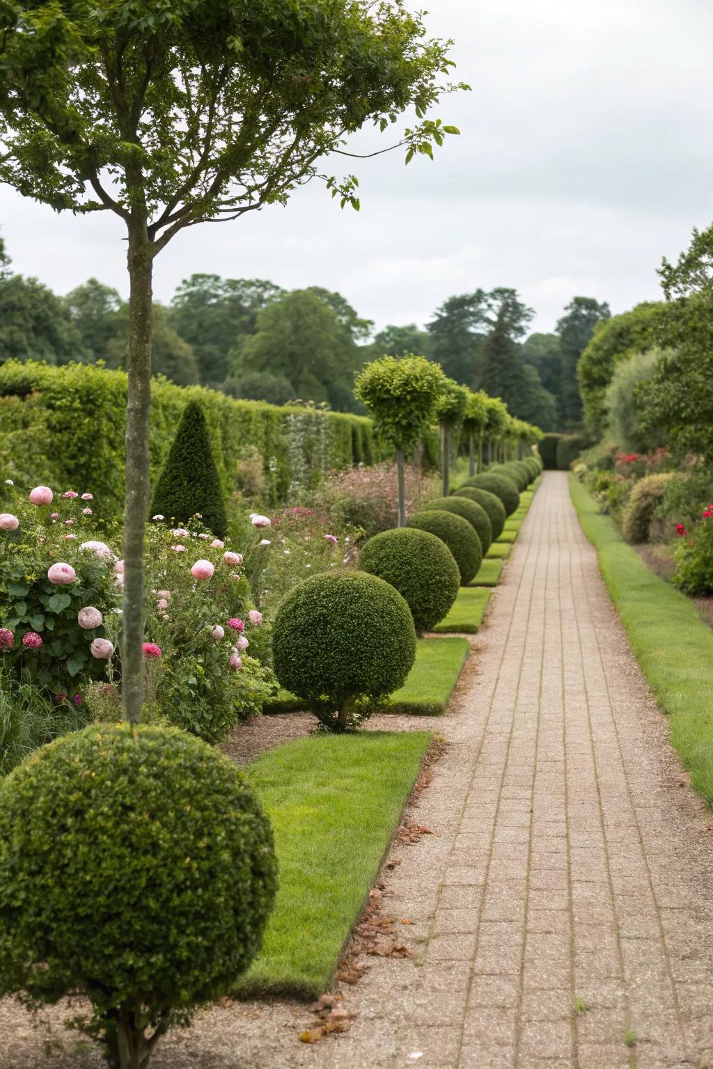 Pathways bordered by topiary create an inviting garden journey.