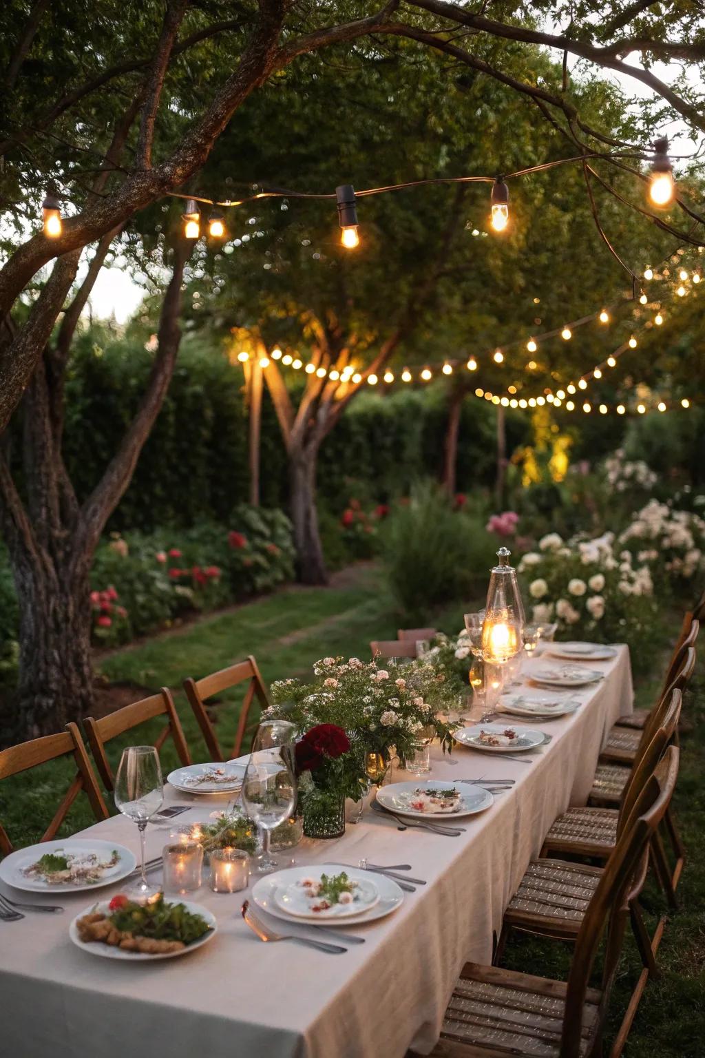 Elegant garden dinner illuminated by fairy lights.