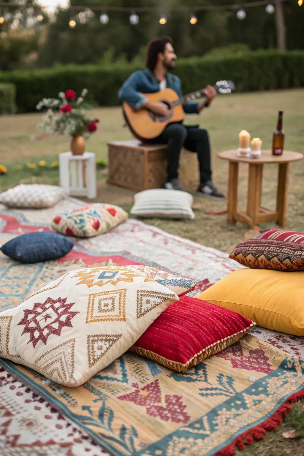 Relax on vibrant rugs and cushions during a bohemian picnic.