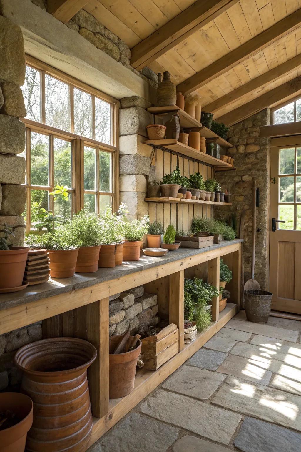 Warm wooden and stone accents in a gardening shed.