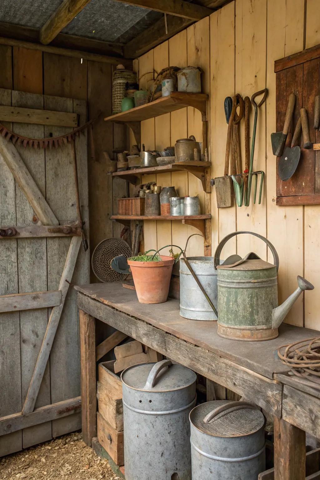 Antique gardening tools enhancing rustic charm.
