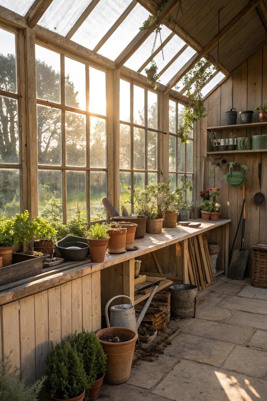 A well-lit potting shed with natural sunlight.