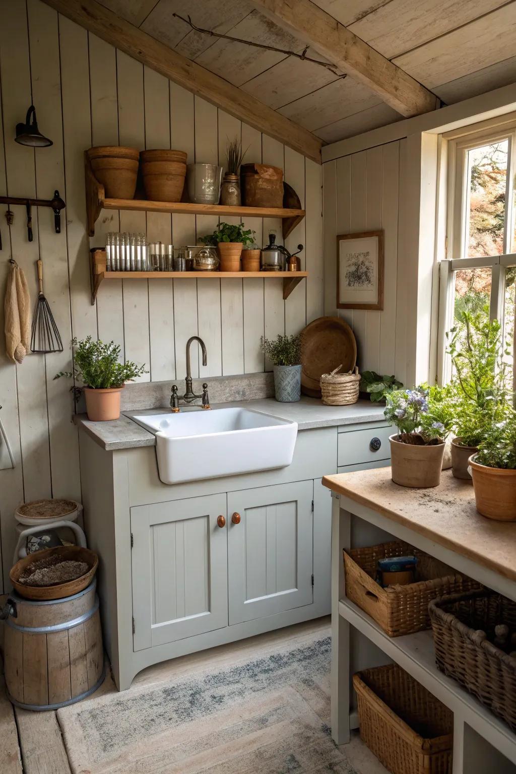 A compact sink for cleaning tools and hands inside a potting shed.
