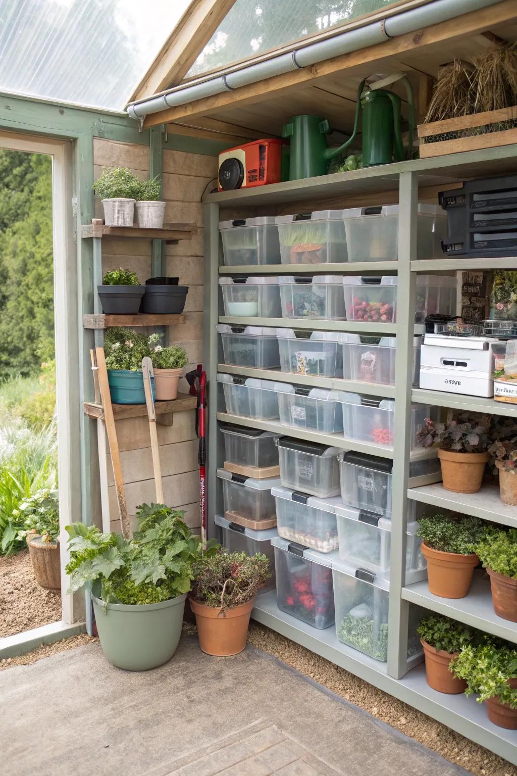 Clear storage containers for easy identification inside the shed.