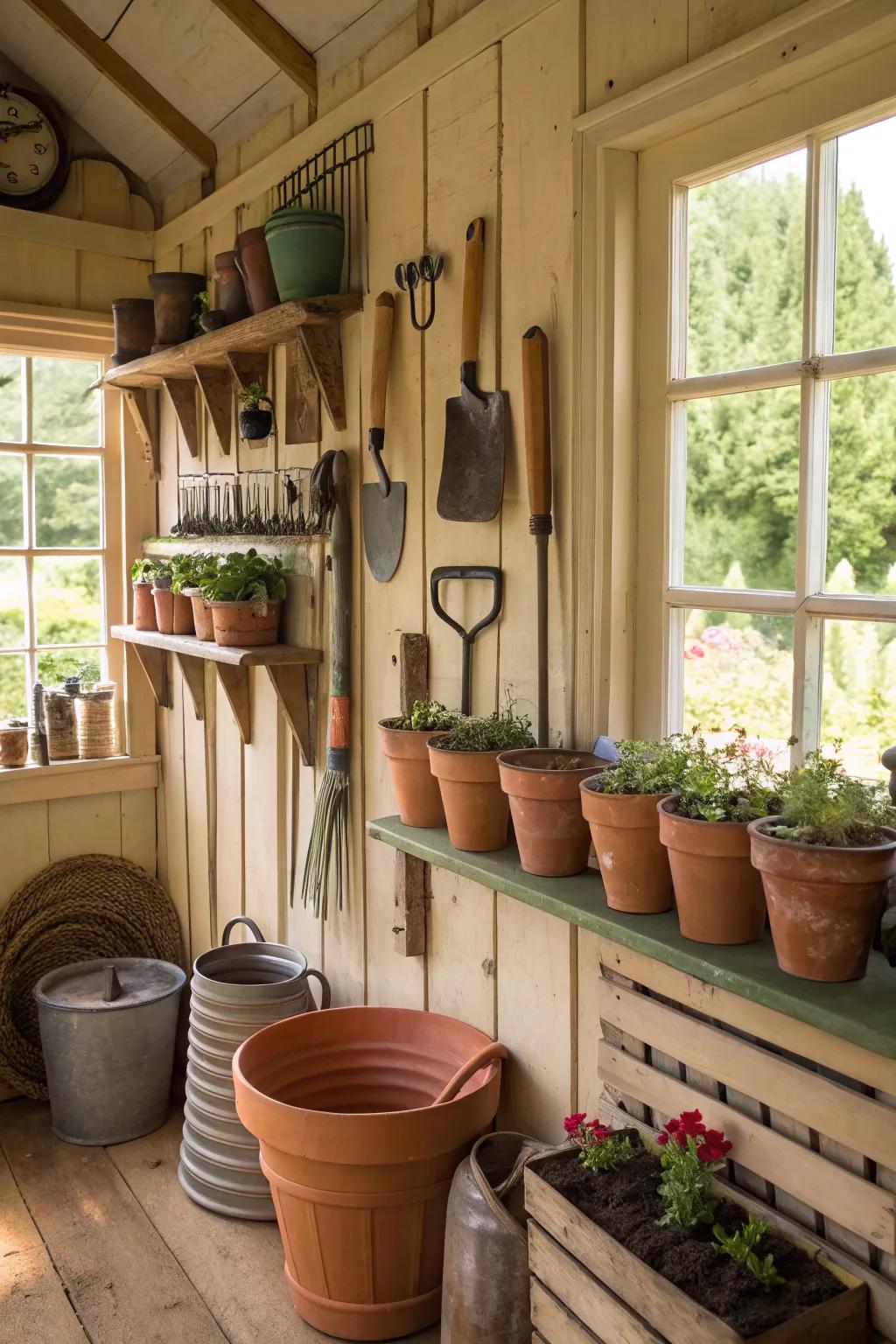 Hooks and storage racks for garden tools.
