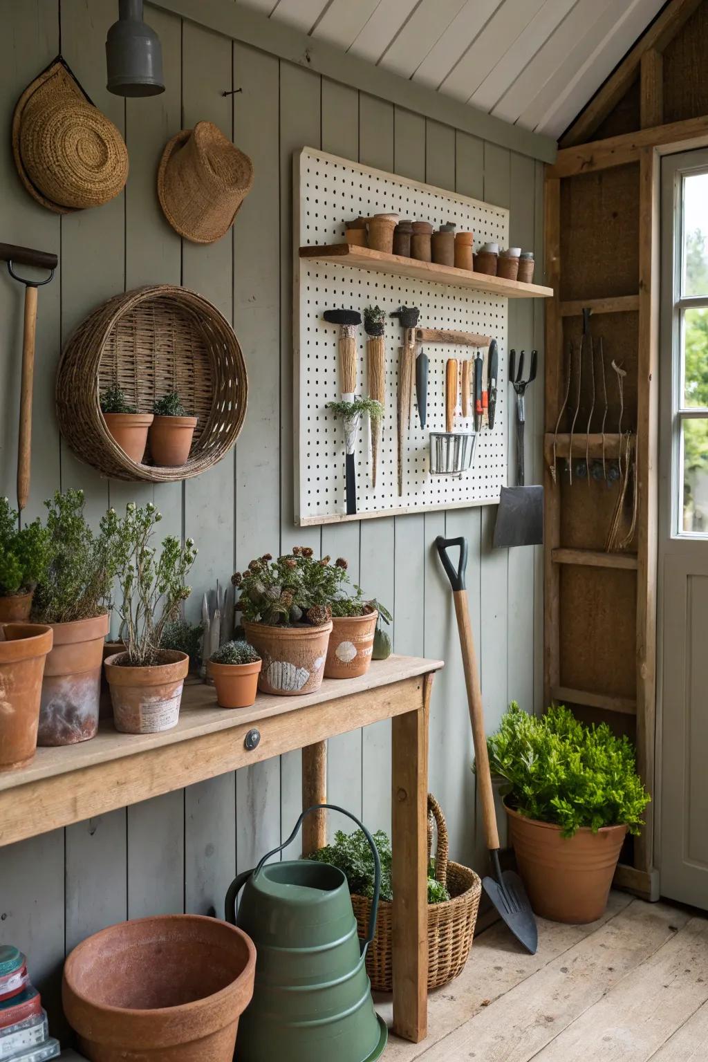 Organizing with pegboards for garden tools and supplies.