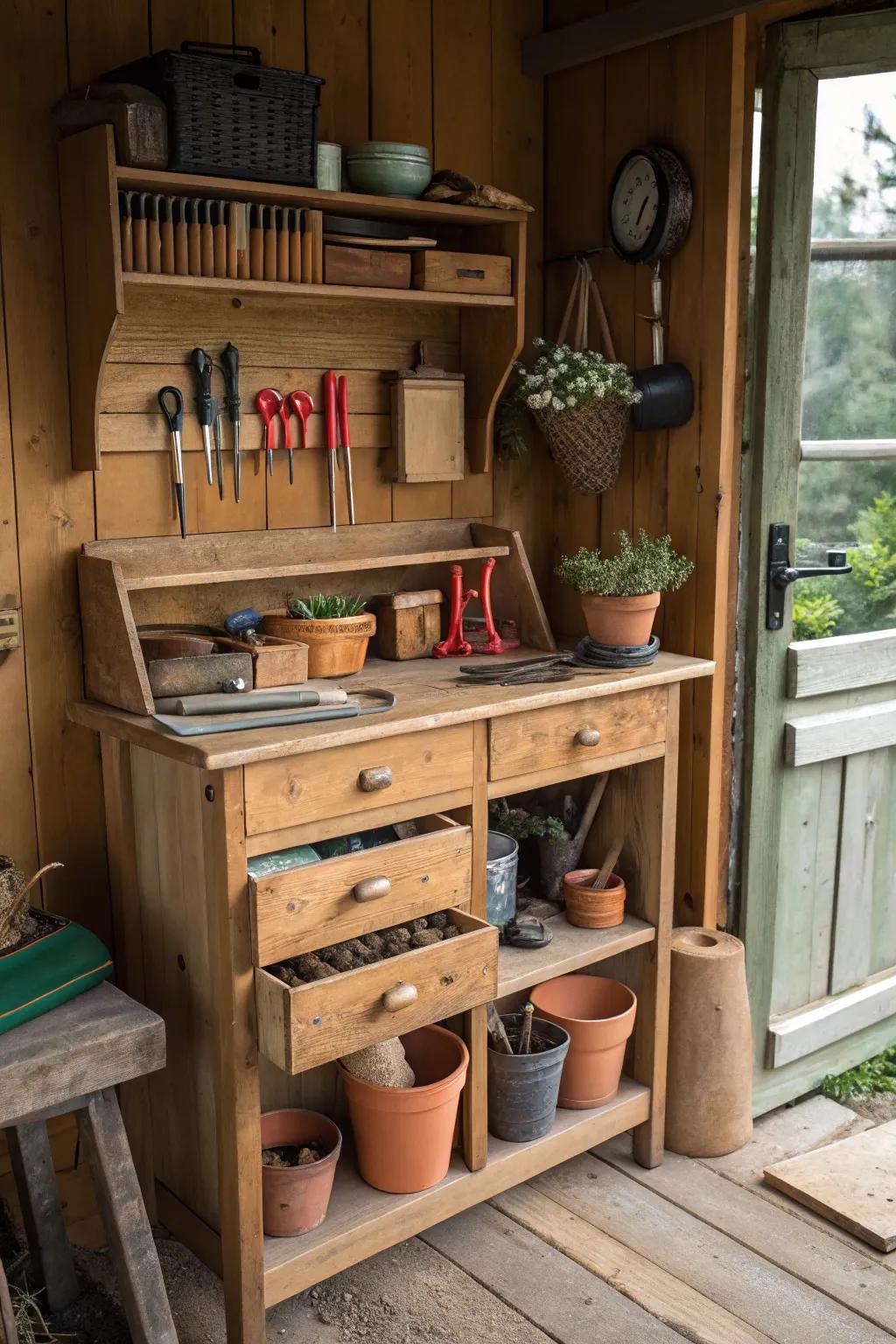 Compact workbench with integrated storage.