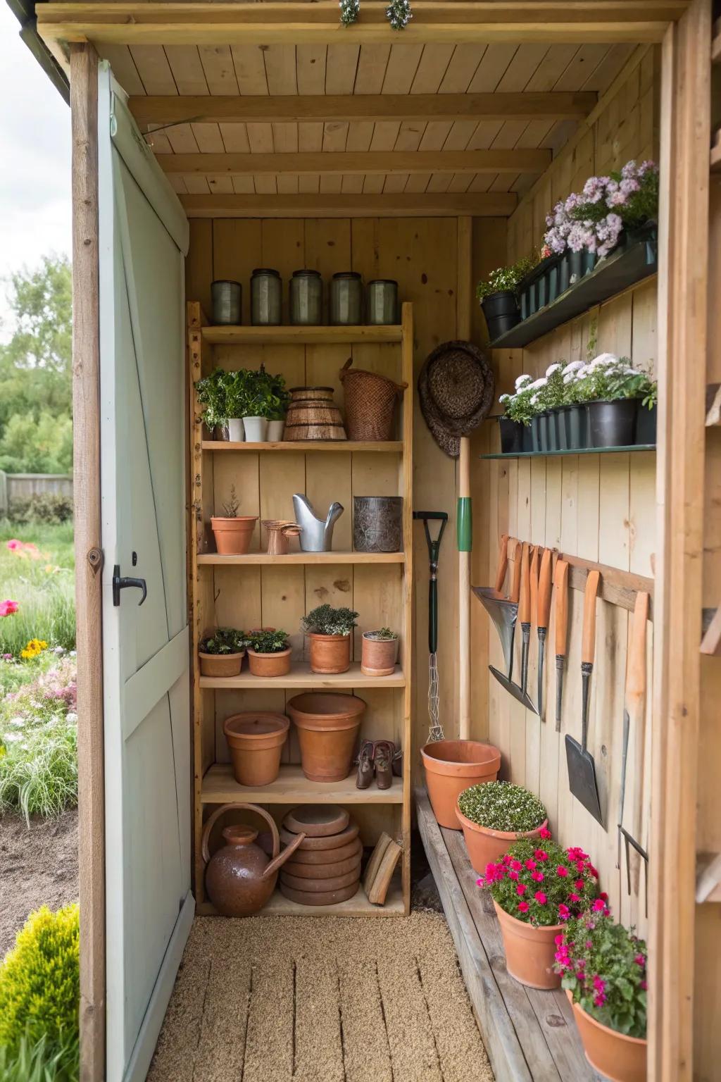 Tall shelving units organizing gardening essentials.