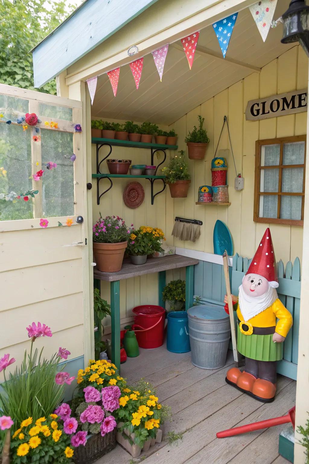 Whimsical ornaments create a lively garden shed atmosphere.