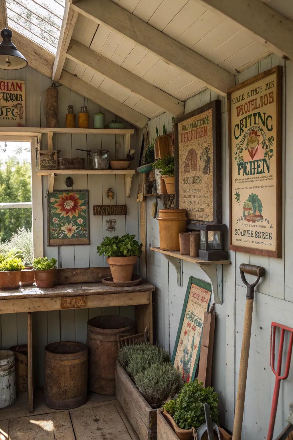 Vintage signs add personality and warmth to a gardening shed.
