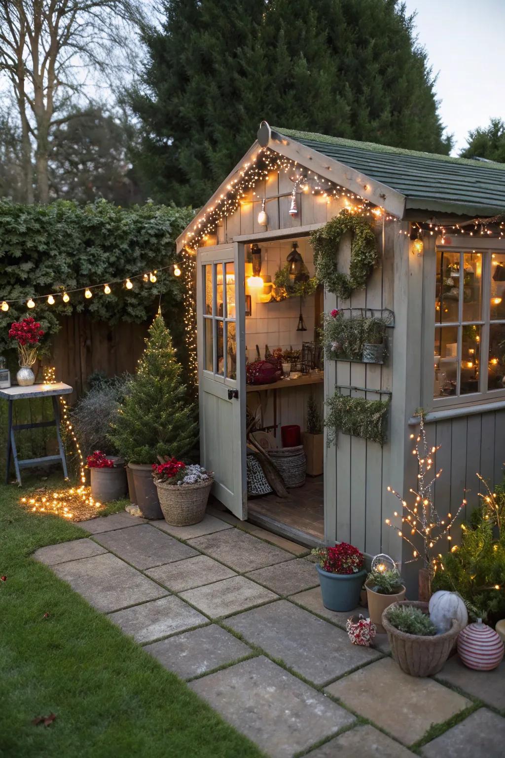 Seasonally themed accents brighten the gardening shed atmosphere.