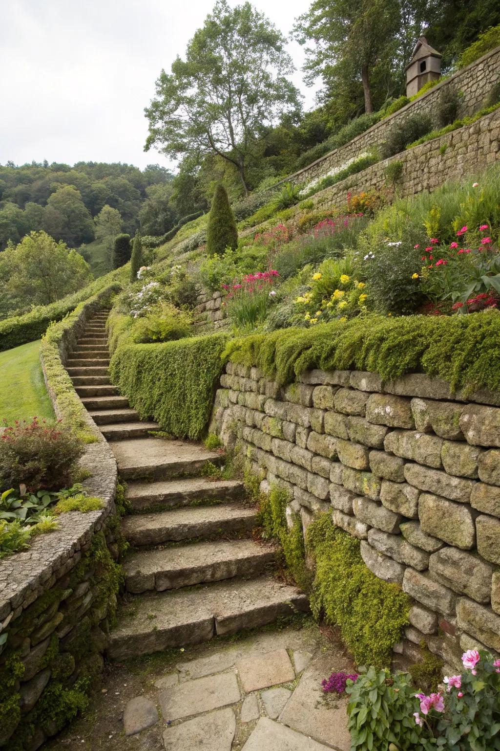 Retaining walls help secure slopes and divide garden spaces.