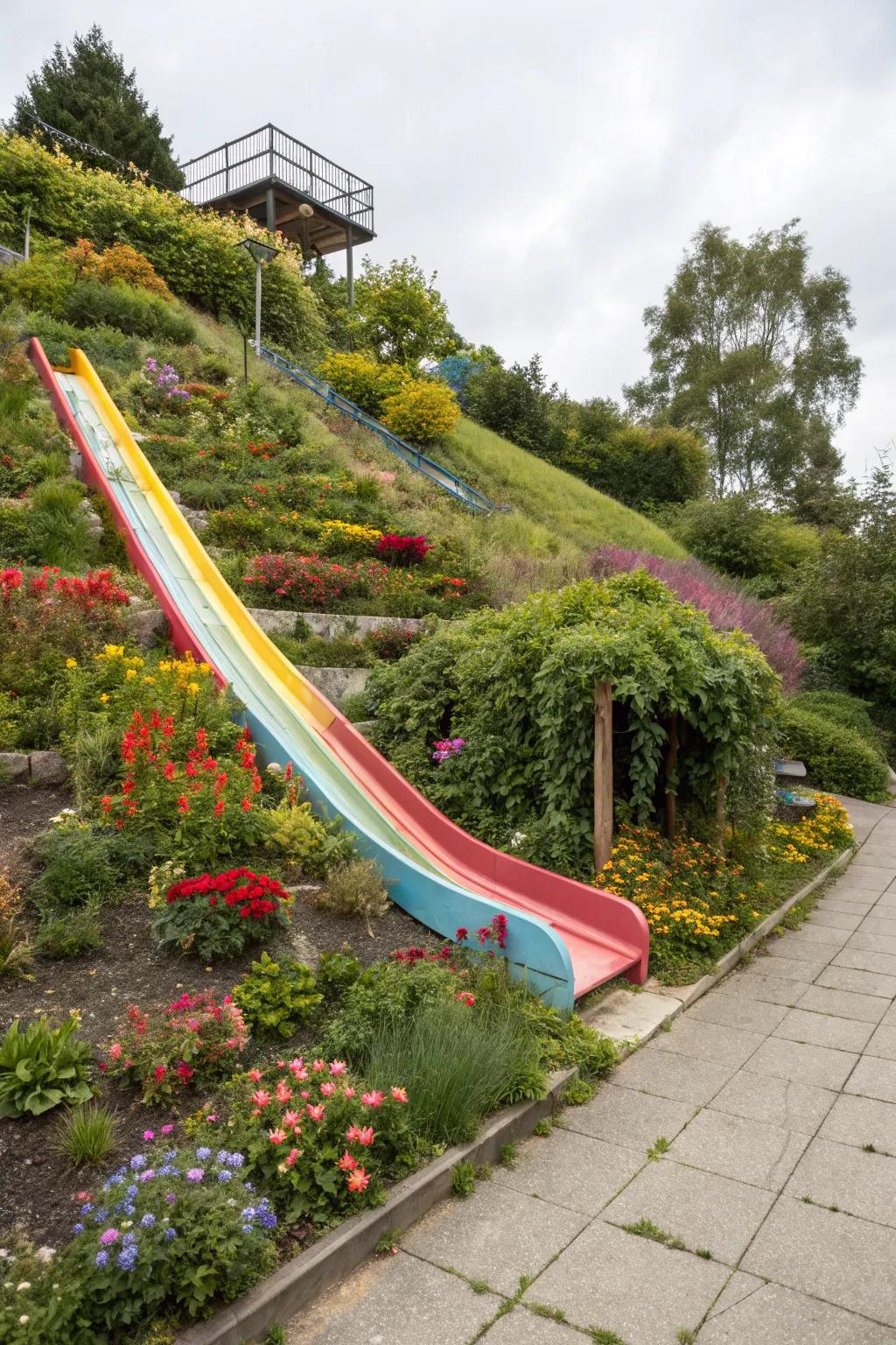 A playful slide on the hill adds joy for the whole family.