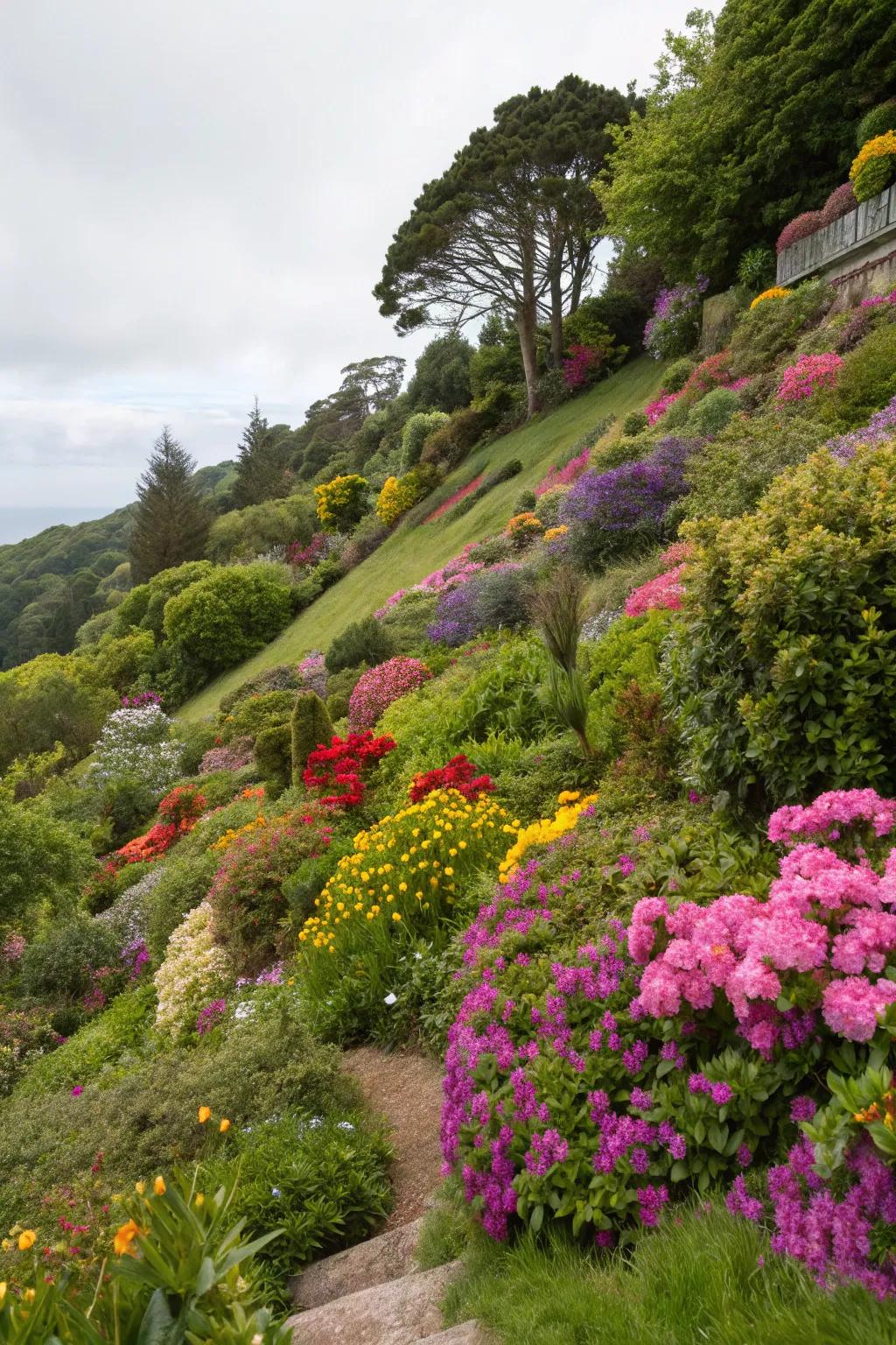 Vibrant seasonal flowers brighten hillside gardens.