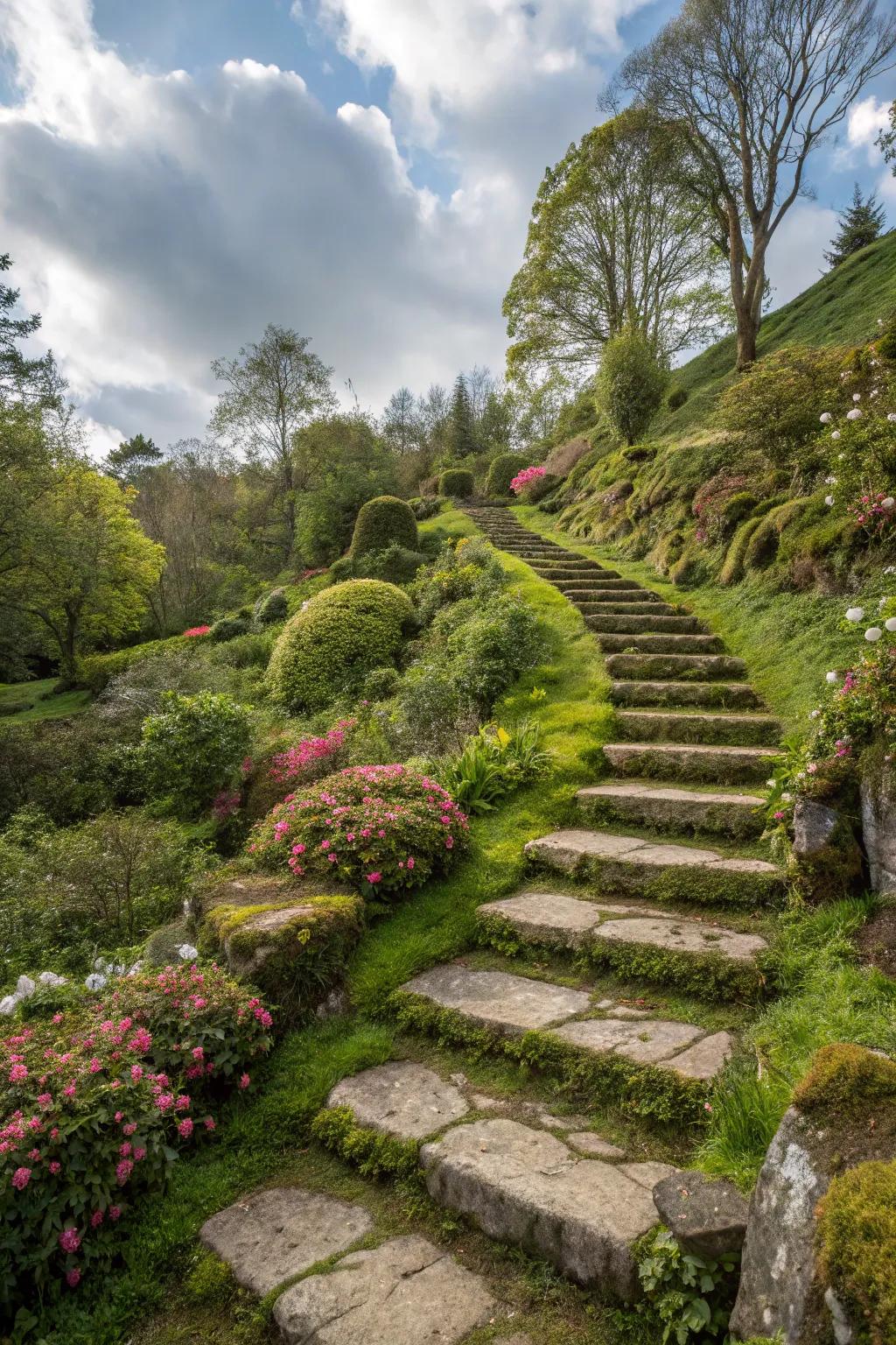 Natural stone steps provide aesthetic appeal and function.