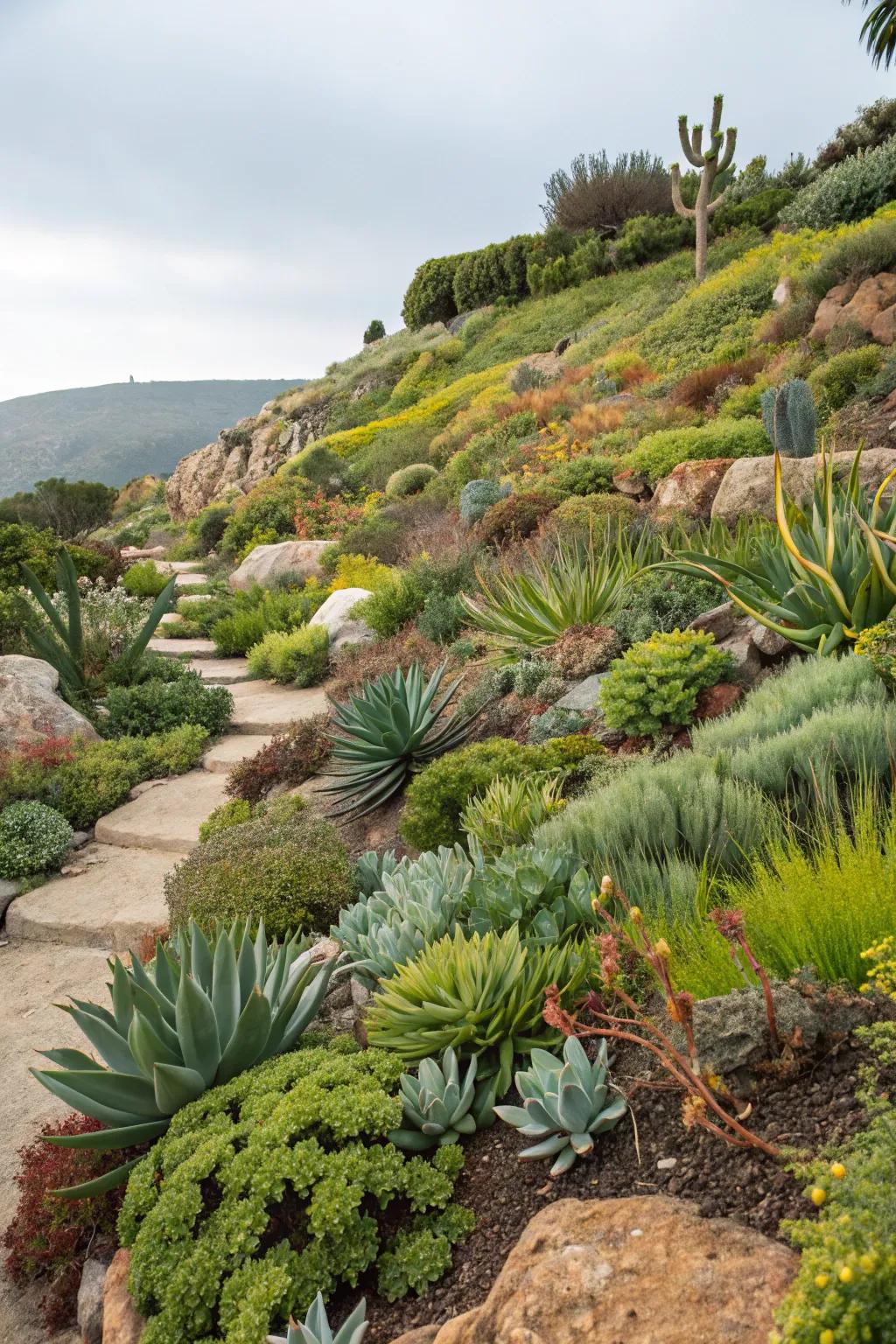 Resilient drought-tolerant plants flourish in sunny slopes.