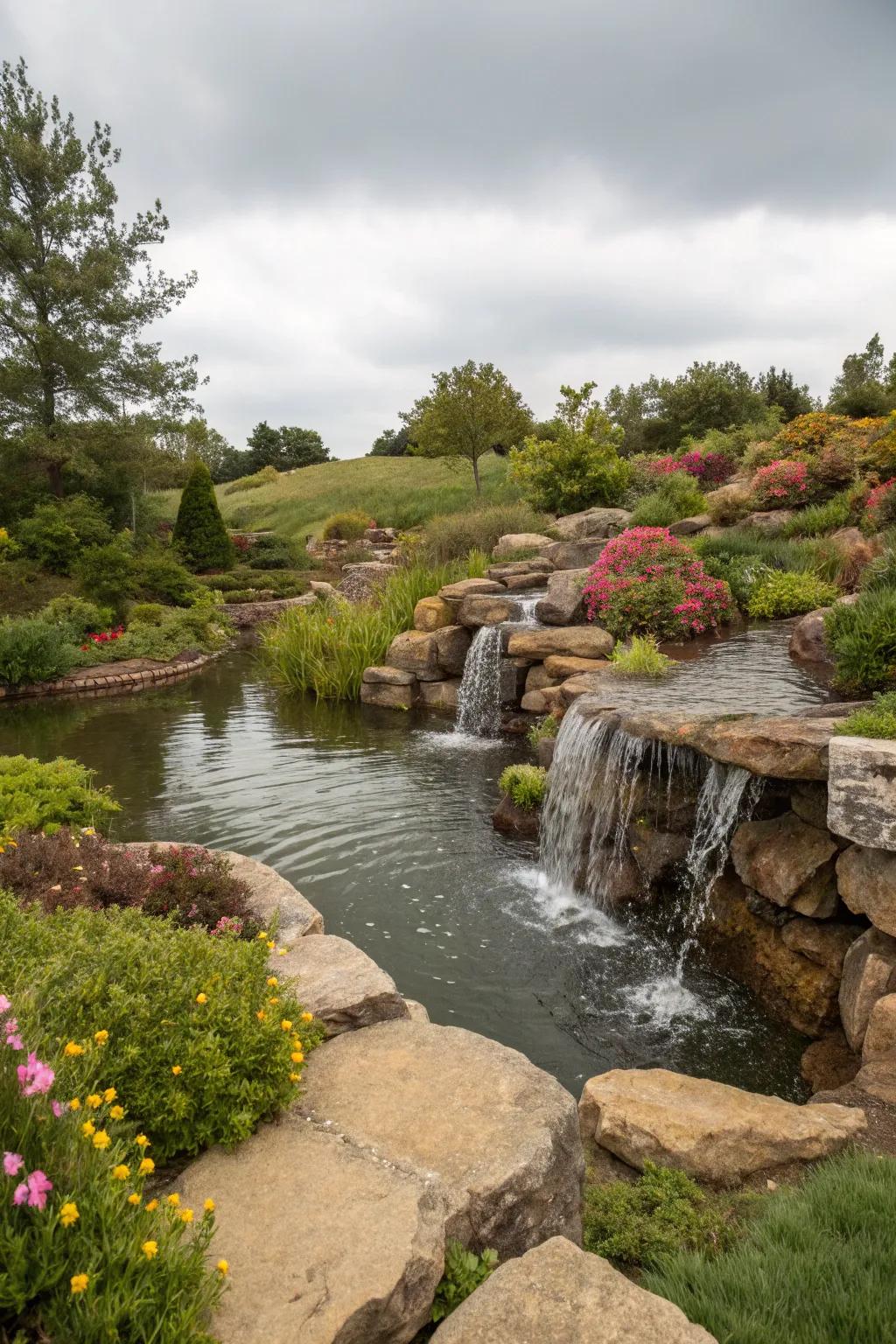Waterfalls and ponds add peaceful sounds and aesthetics.