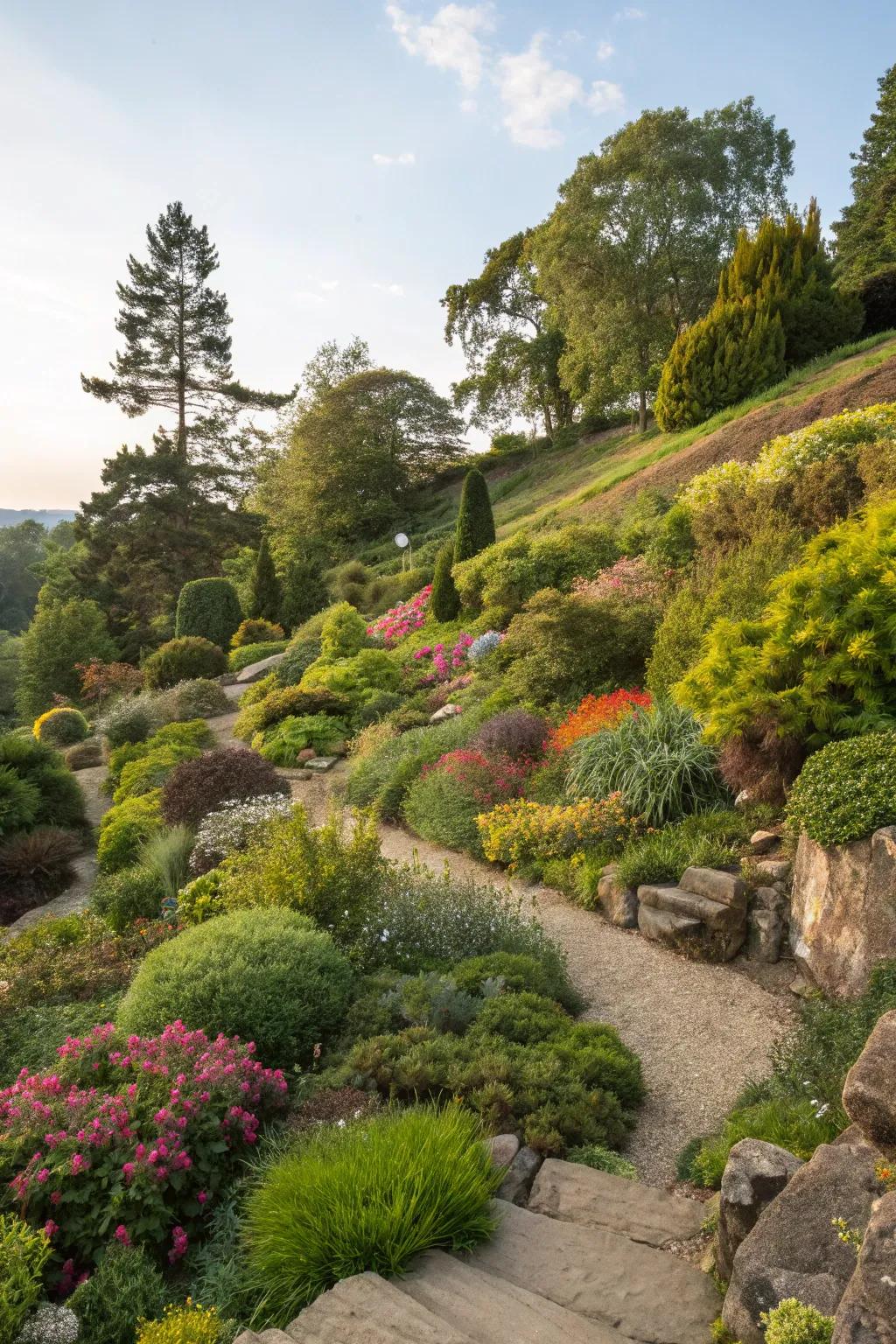 Diverse plantings form a textured hillside tapestry.