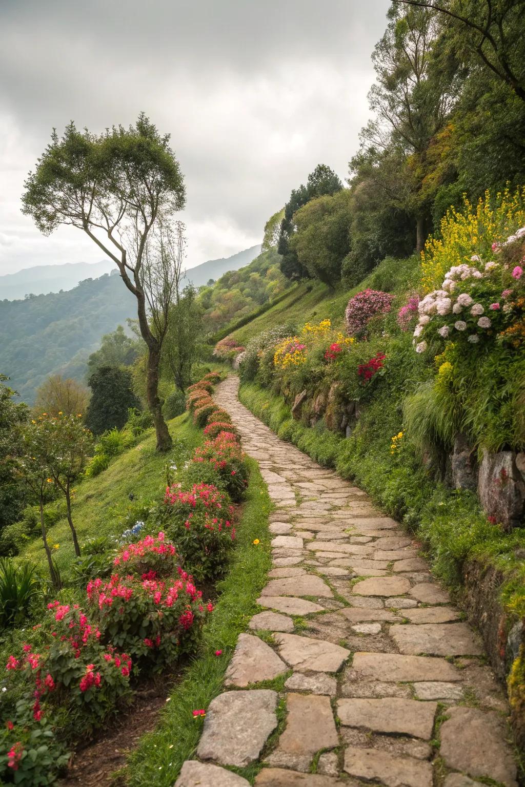 Curved stone paths encourage leisurely garden exploration.