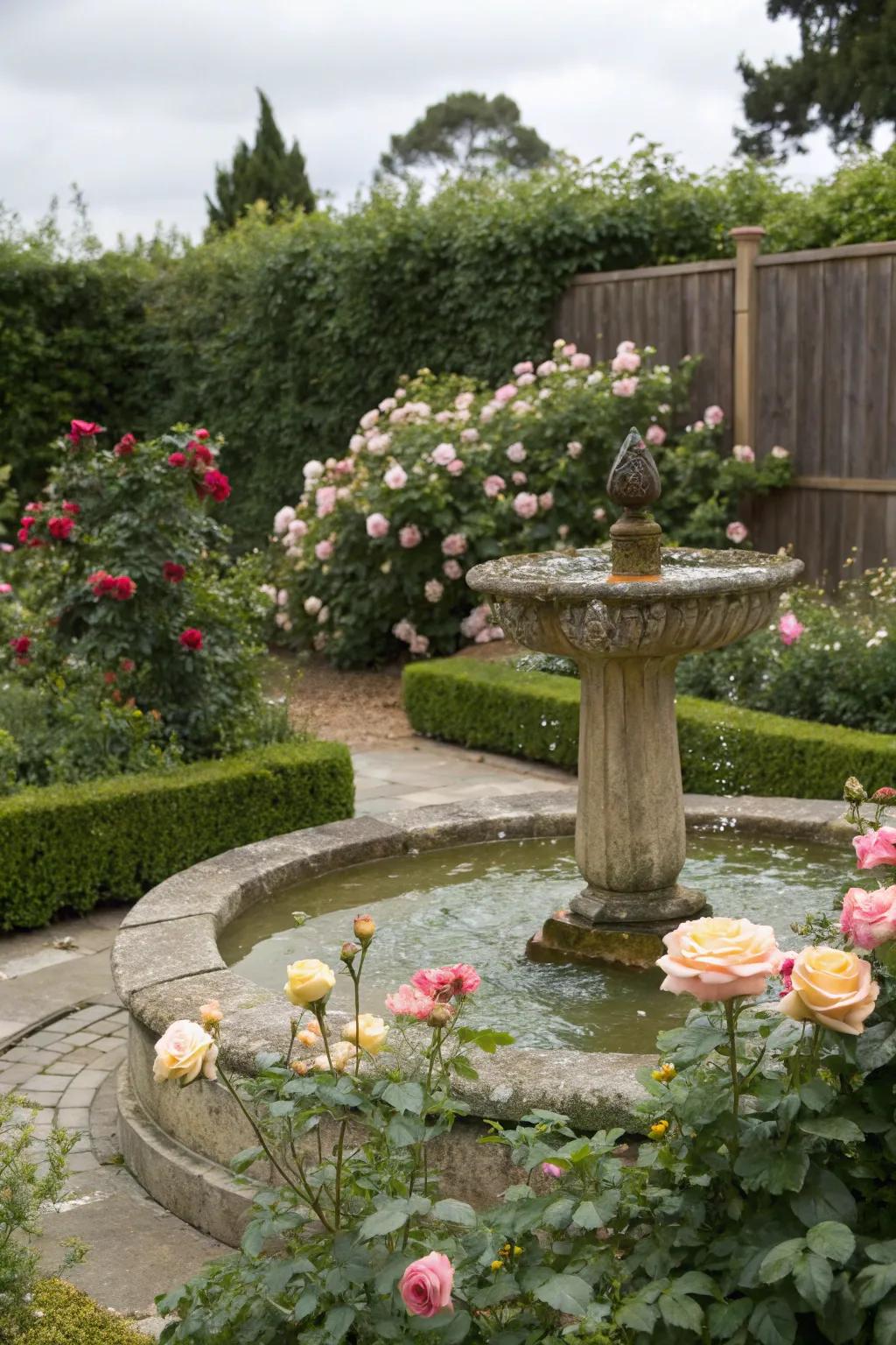 A soothing water feature nestled among roses.
