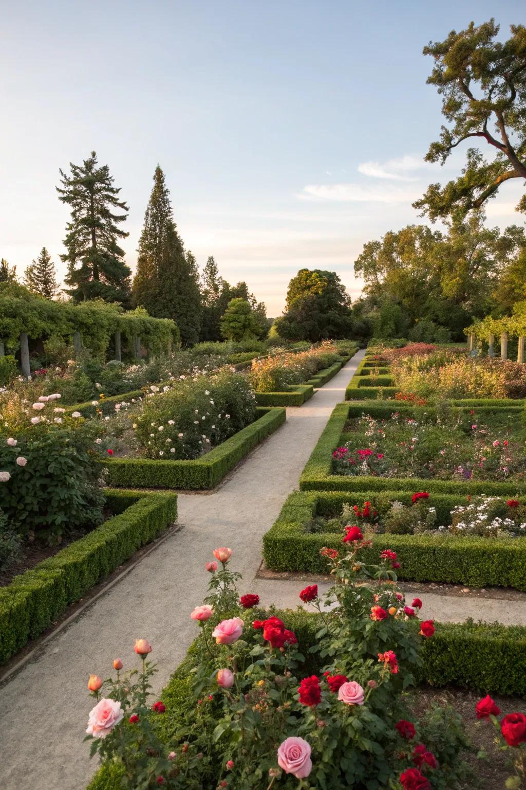A formal garden exuding elegance with symmetrical designs.