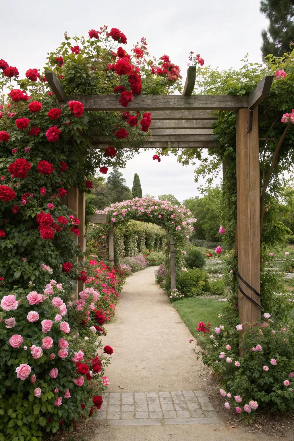 A grand entrance framed by lush rose bushes.