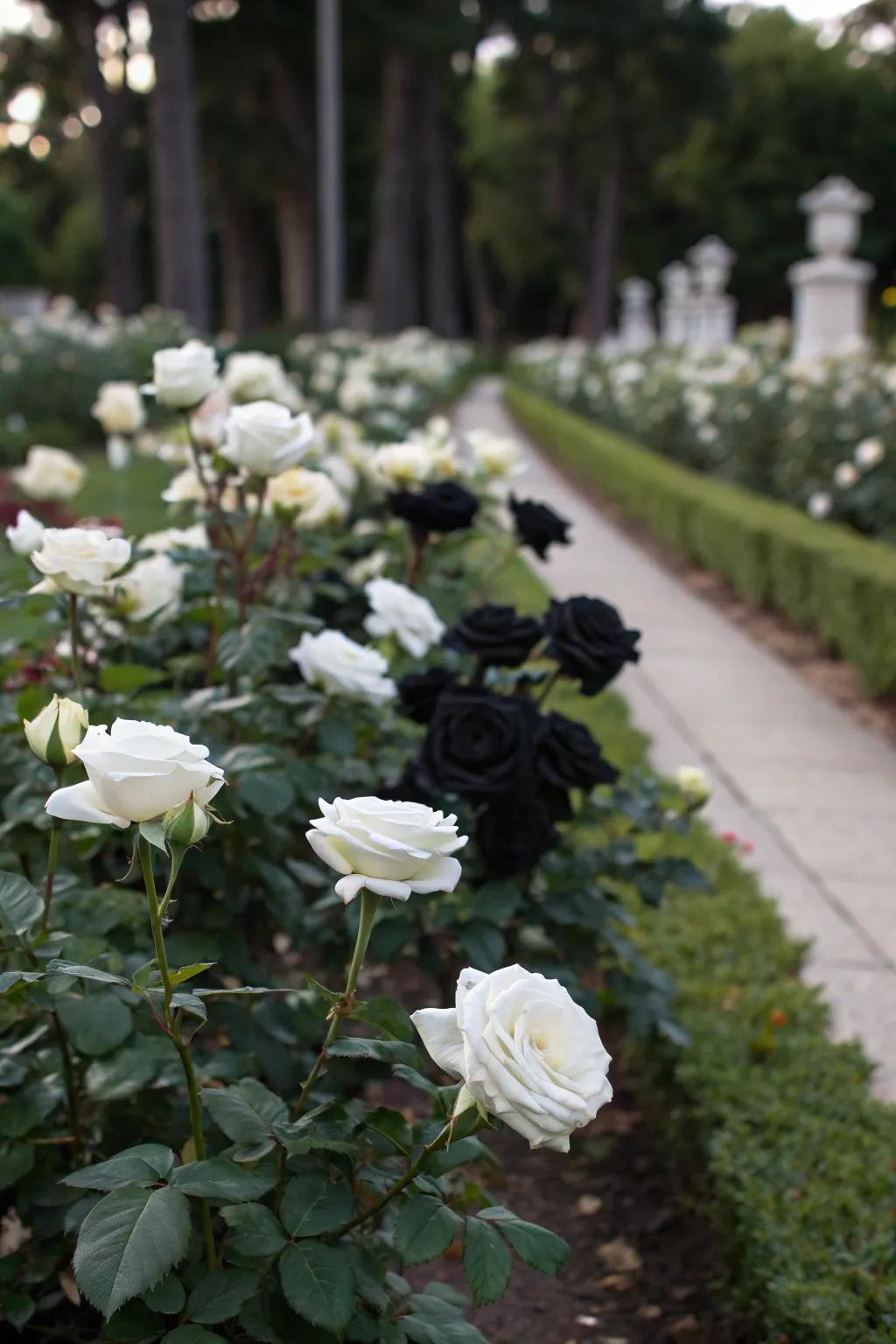 A themed rose bed showcasing monochrome elegance.