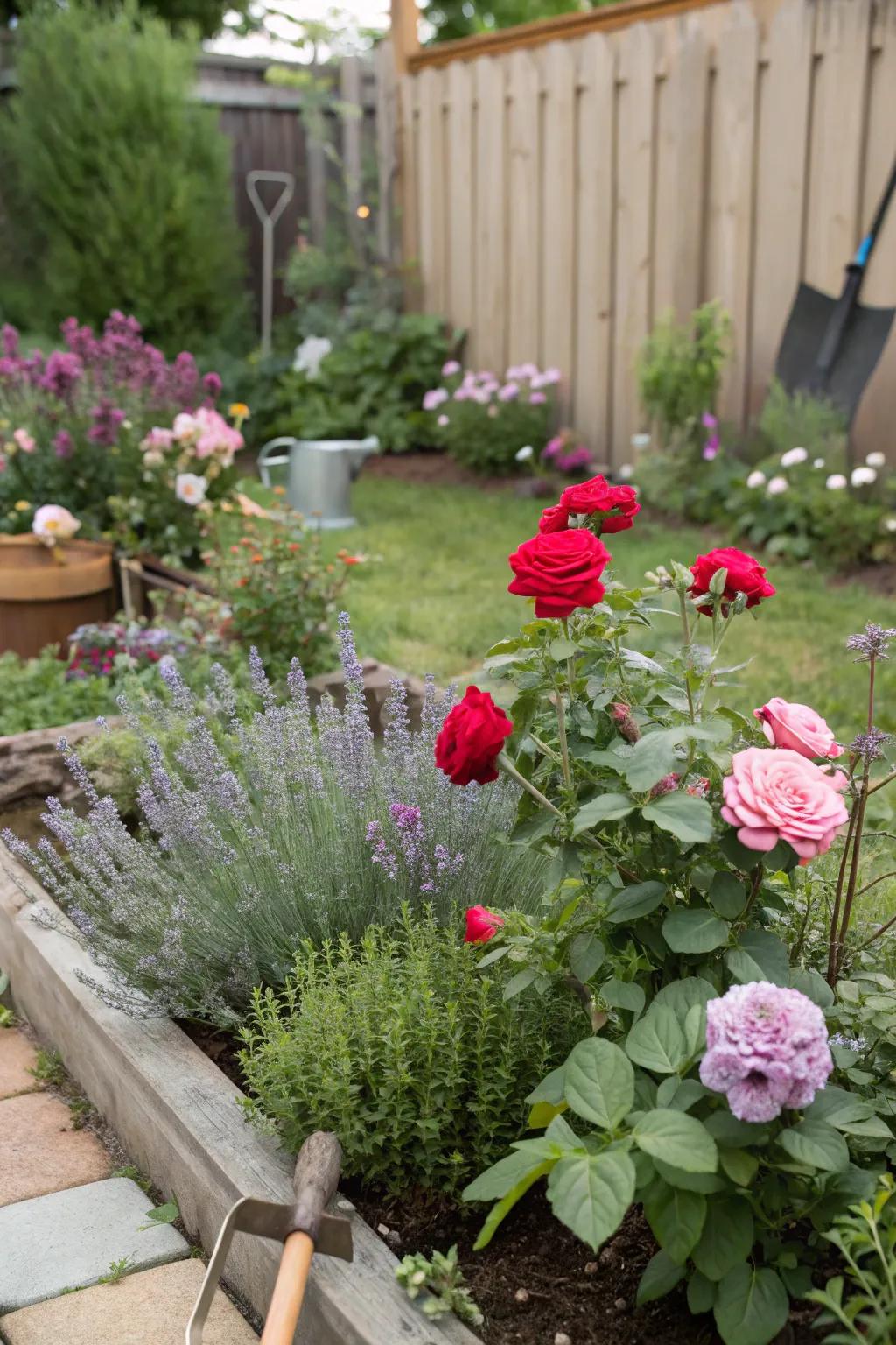 Roses and herbs creating a fragrant and functional garden.