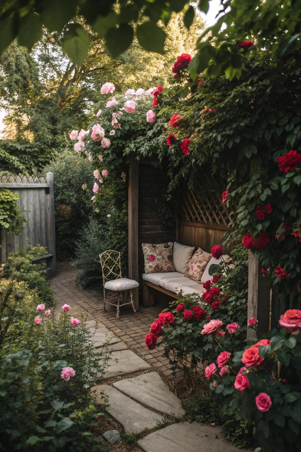 A secret garden corner for peaceful moments among roses.