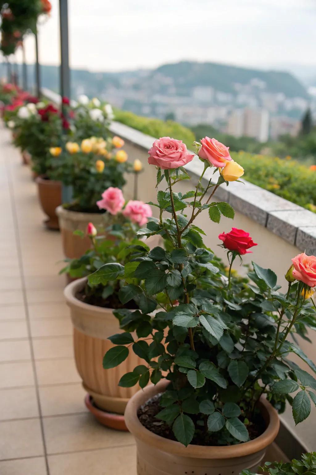 Potted roses adding charm to a cozy patio.