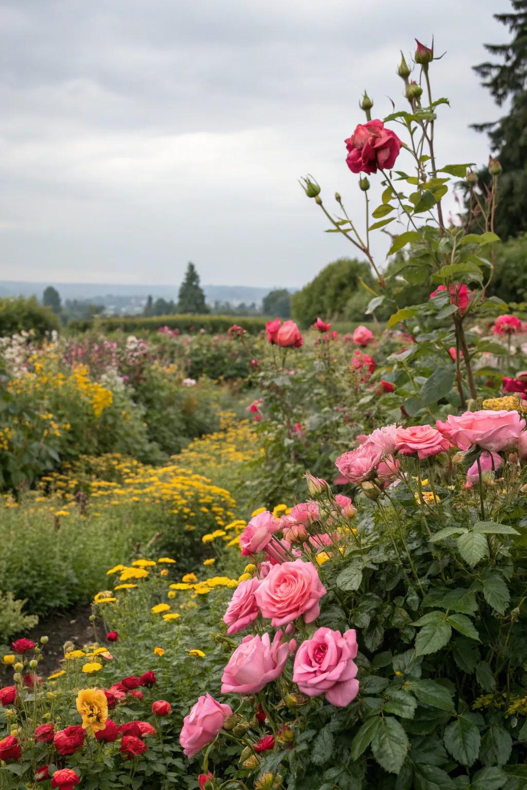 Wildflowers mingling with roses for a whimsical touch.