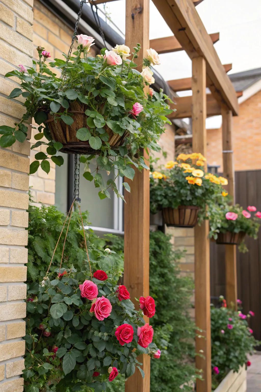 A vertical garden showcasing roses in creative hanging planters.