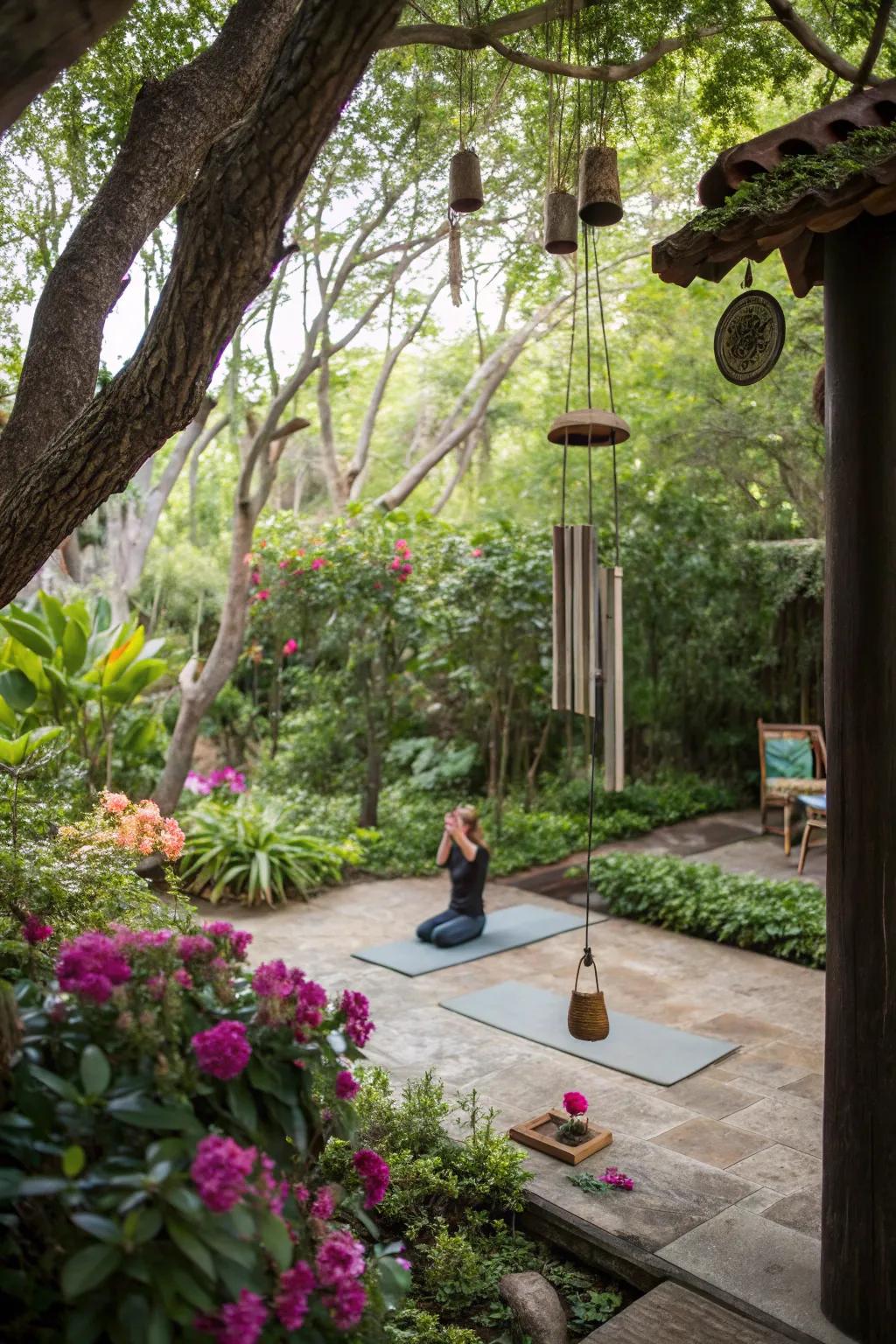 Wind chimes create a calming melody in your yoga garden.