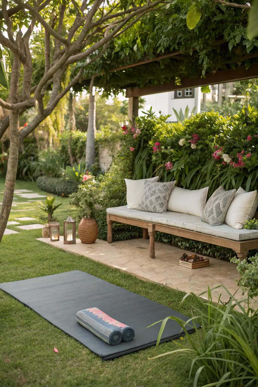 A cozy seating area complements your yoga practice.