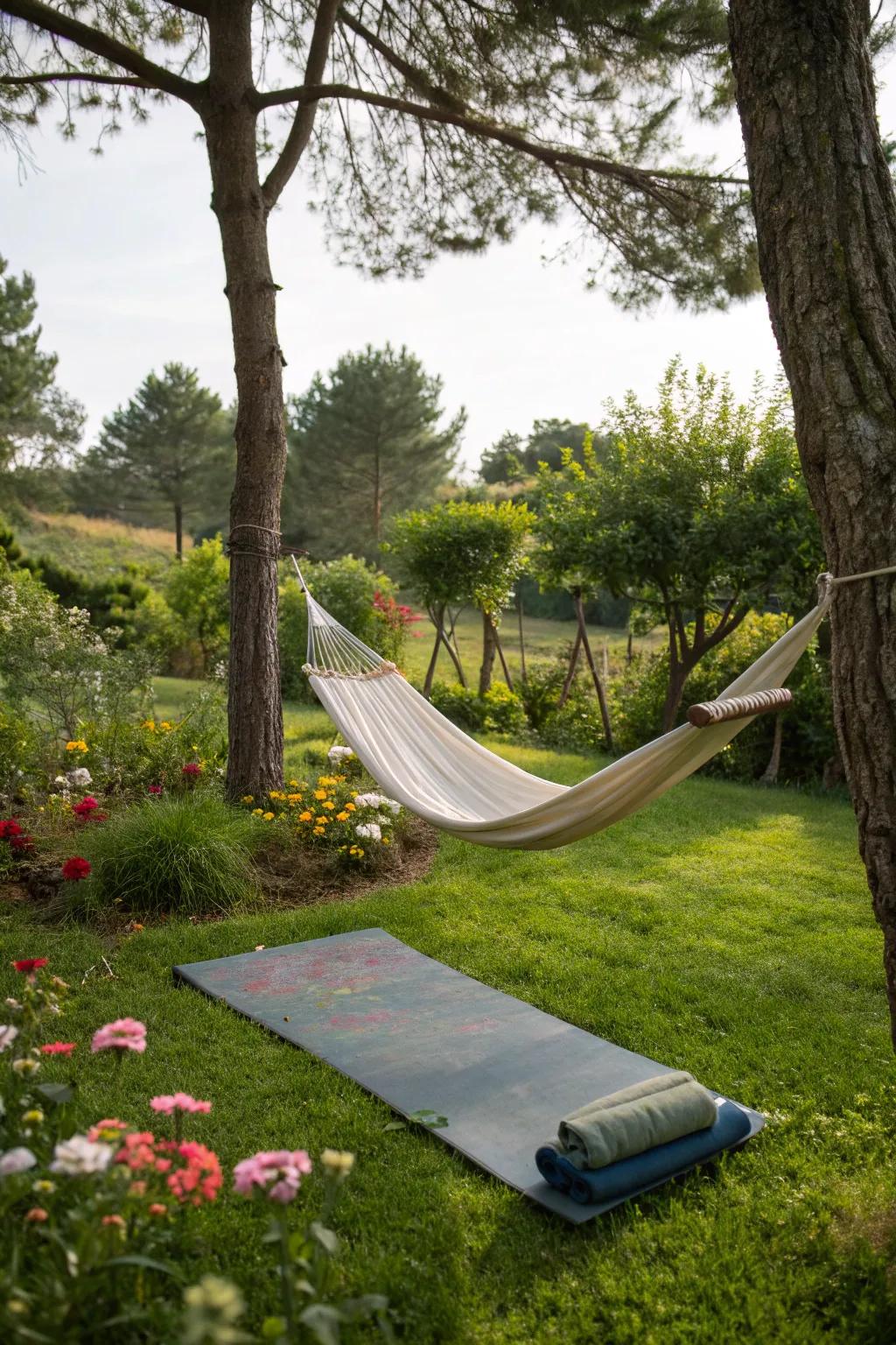 A hammock provides a relaxing retreat in your yoga garden.